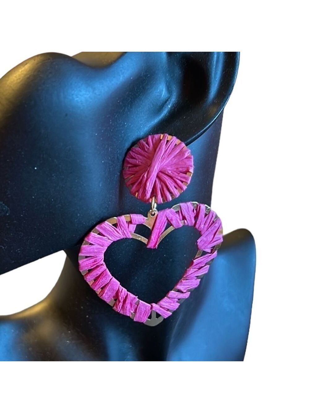 Pink Straw Rattan Heart Earrings